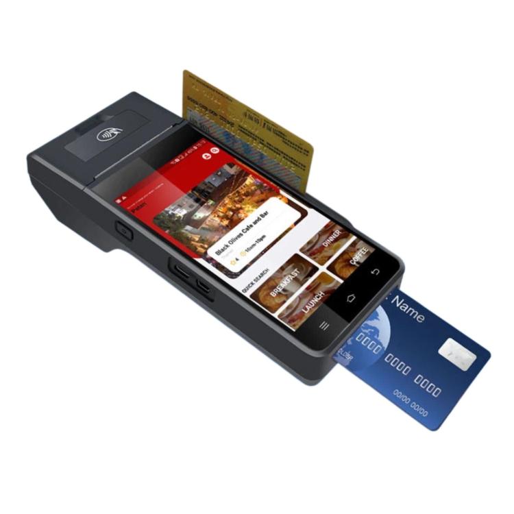 Handheld mobile POS terminal with touchscreen and NFC card slot, dark gray body