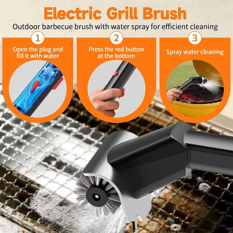 Electric grill brush with water spray nozzle and rotating stainless wire brush head