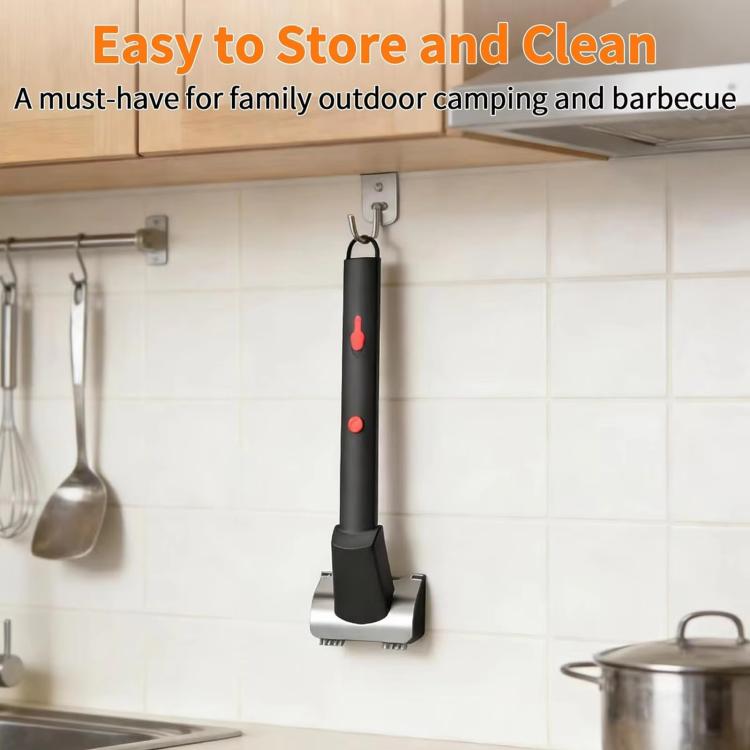 Electric grill brush docked for storage with hanging base and compact cleaning head
