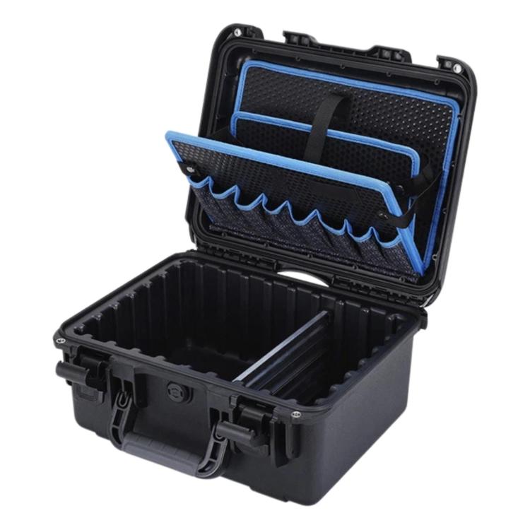 Black shockproof electrical repair toolbox with open lid and blue pocket inserts