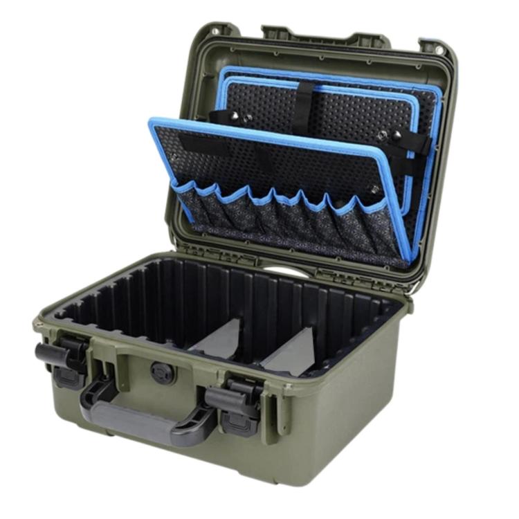 Green shockproof electrical repair toolbox with open lid and blue pocket inserts