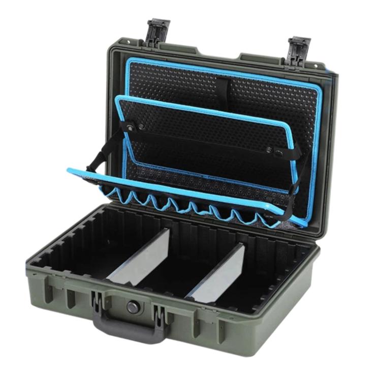 Green shockproof electrical repair toolbox with open lid and divider compartments