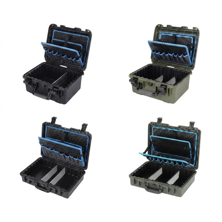 Small black and small green shockproof electrical repair toolboxes, open and closed
