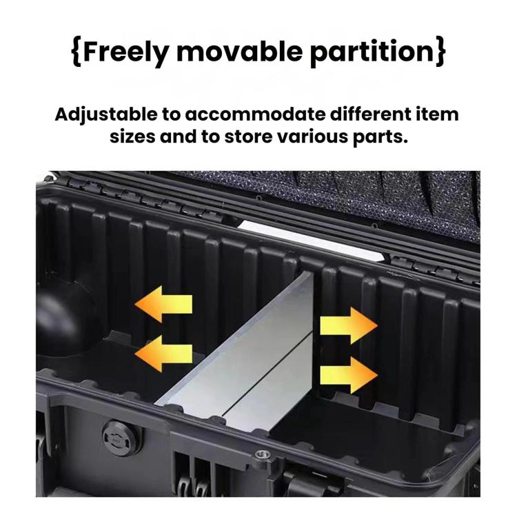 Black shockproof toolbox interior with adjustable partition and molded compartments