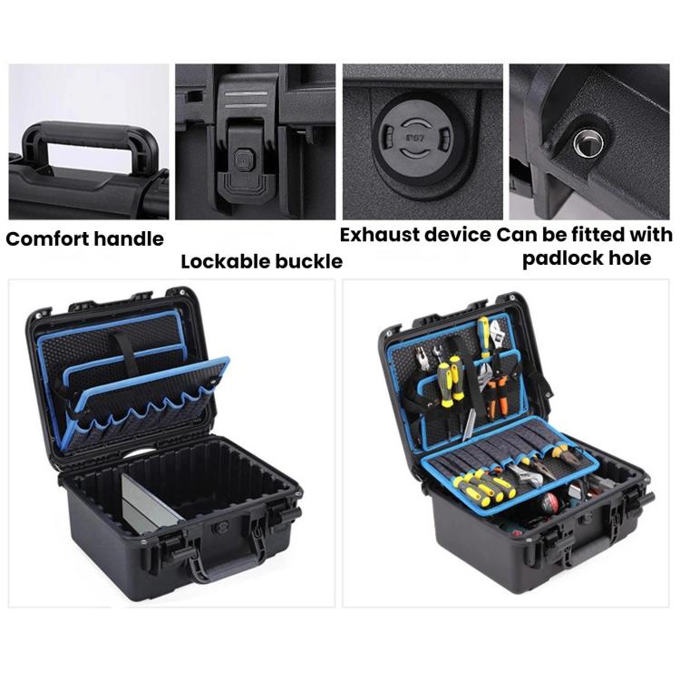 Black shockproof toolbox with comfort handle and lockable buckle on the front