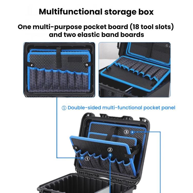 Multifunction storage toolbox with blue elastic pocket panel and tool slots