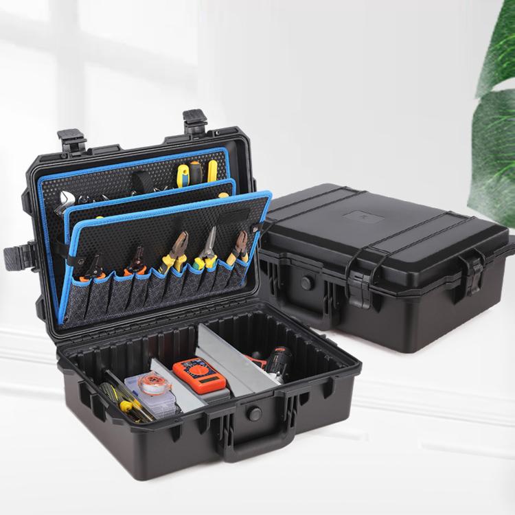 Black shockproof electrical repair toolbox open with organizer pockets and tools