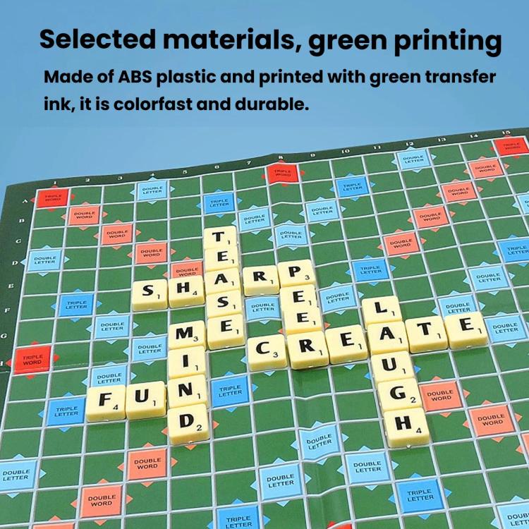 ABS plastic letter tiles on a green crossword board grid for spelling placement