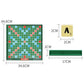 Alphabet spelling board game size diagram: 34.6 cm board and 2 cm letter tiles