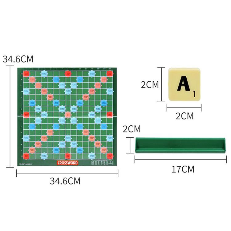 Alphabet spelling board game size diagram: 34.6 cm board and 2 cm letter tiles