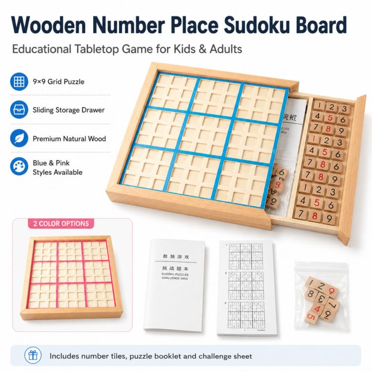 Wooden 9x9 number place sudoku board with blue compartments and sliding storage drawer
