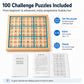 Wooden 9x9 sudoku board with included puzzle booklet pages on top