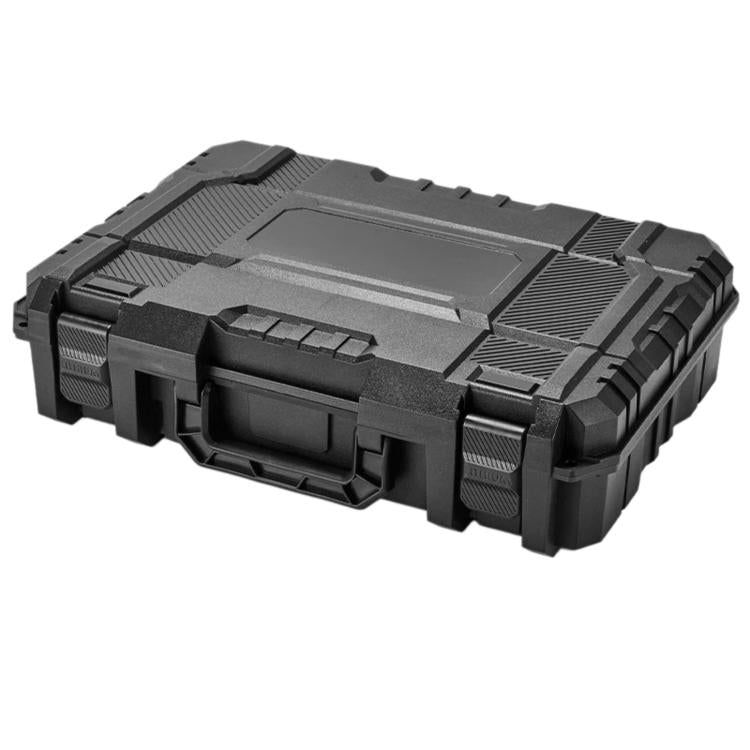 Portable dark plastic toolbox with textured grip and latch, open side compartment visible
