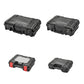 Portable dark plastic toolbox shown from multiple angles, front and side views