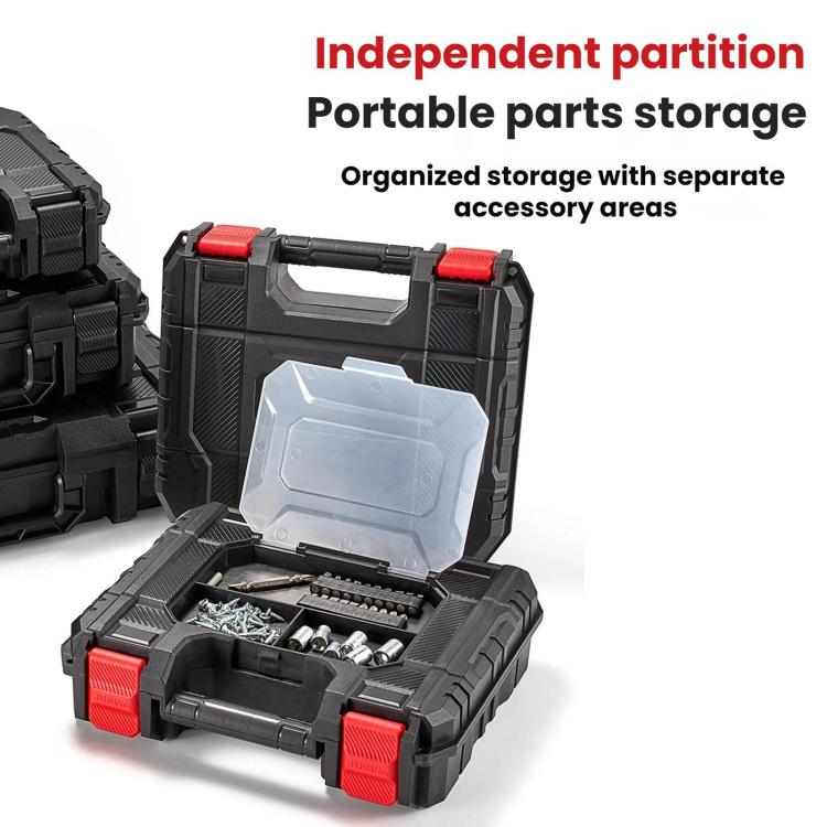 Portable dark plastic toolbox open with internal organizer tray and small parts visible