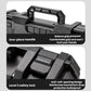 Portable dark plastic toolbox close-up of handle grip and safety lock details