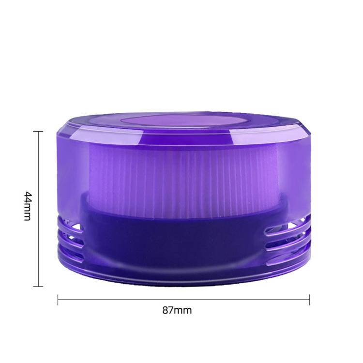 Purple post-filter size shown: 87mm diameter and 44mm height