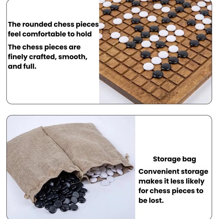 Wooden go board with rounded stones; storage bag holds extra pieces