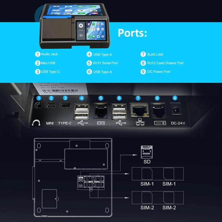 Z100 POS terminal rear ports panel with USB and LAN connectivity