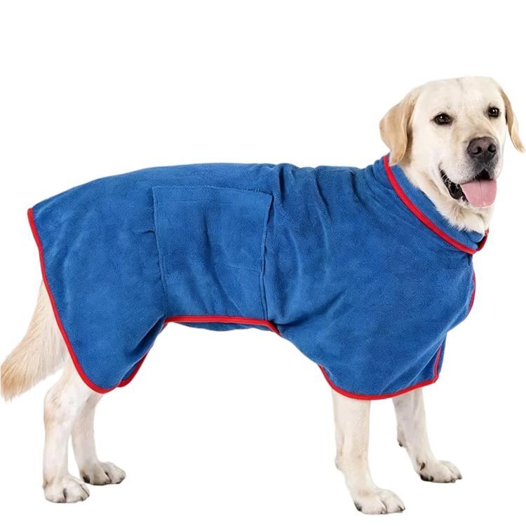 Pet bath robe for dogs and cats, blue terry cloth with red trim