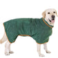 Green absorbent pet bath robe with orange-trim neckline and full-body coverage