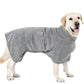Grey absorbent pet bath robe with orange-trim collar and padded, creased back