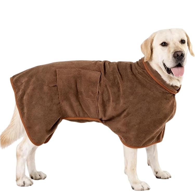Absorbent pet bath robe in brown with orange trim, on a standing dog