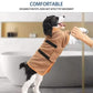 Absorbent pet bath robe in brown with black strap details and orange trim on a dog