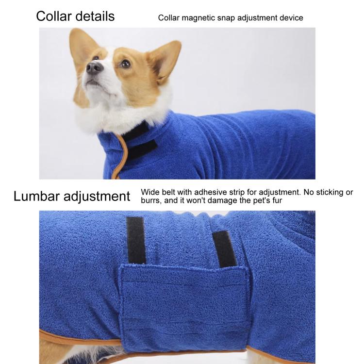 Blue pet bath robe collar and adjustable lumbar strap details