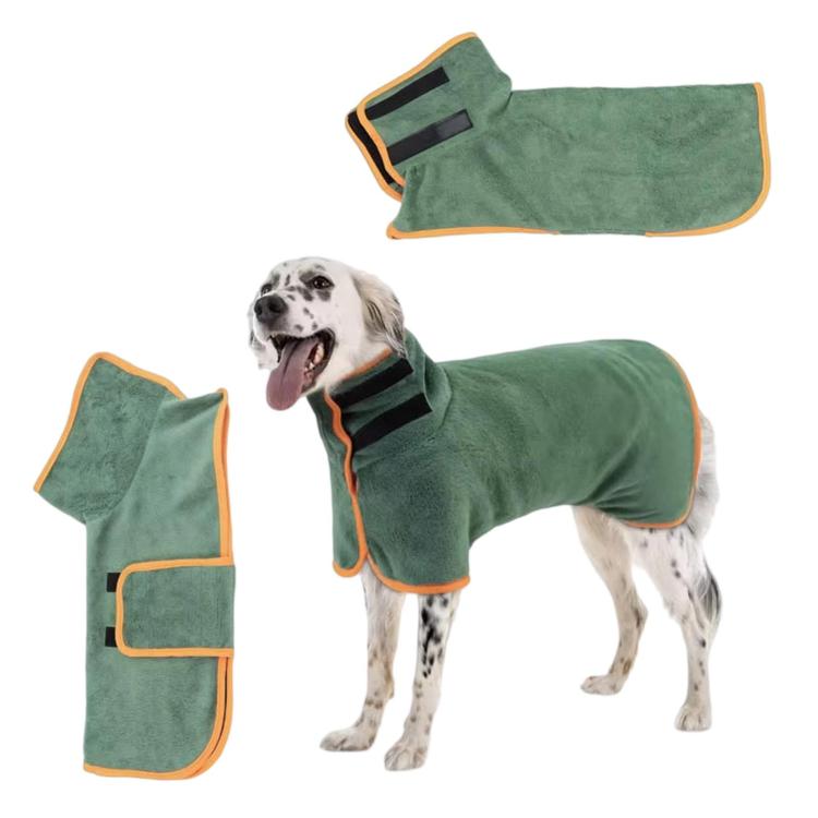 Green pet bath robe with orange piping, shown on a dog and laid out pieces