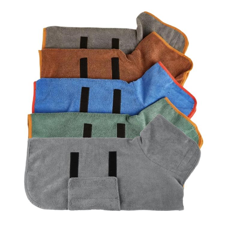 Pet bath robe set in multiple colors with black buckle straps and orange trim
