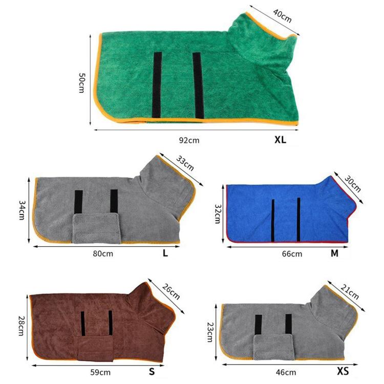 Green pet bath robe with orange edging, two black strap slots, hooded front