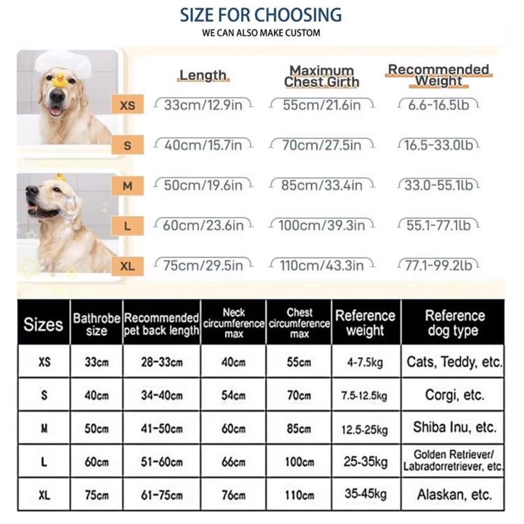 Pet bath robe size chart for XS to XL with length, chest, and recommended weight