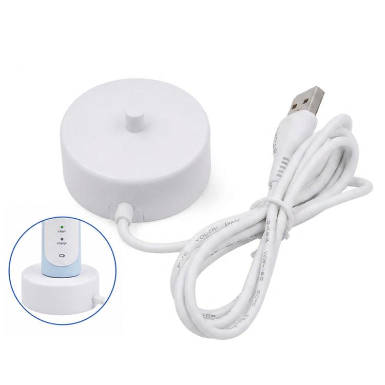 White round USB charging base with cable and power plug