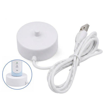 White round USB charging base with cable and power plug