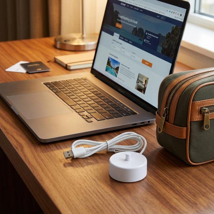 White USB charger base with cable on desk beside laptop
