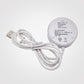 Round USB charger base underside with cable and printed specifications