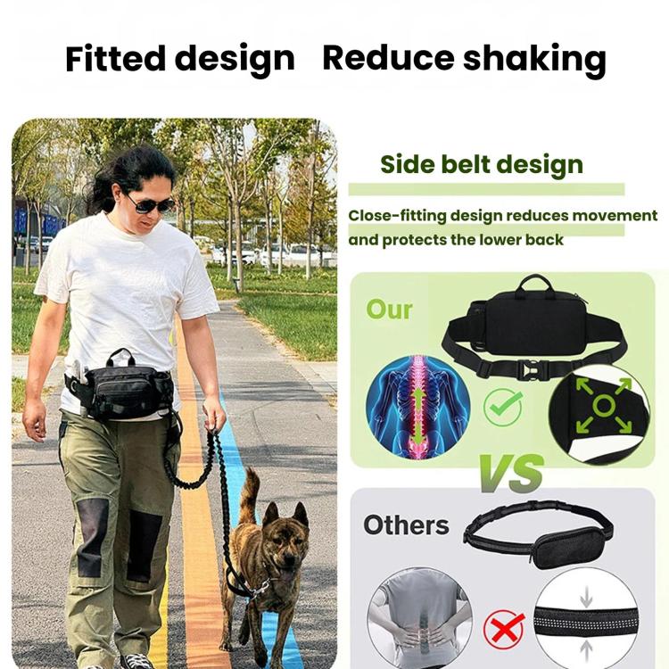 Black dog walking waist pack with side belt design and leash attachment