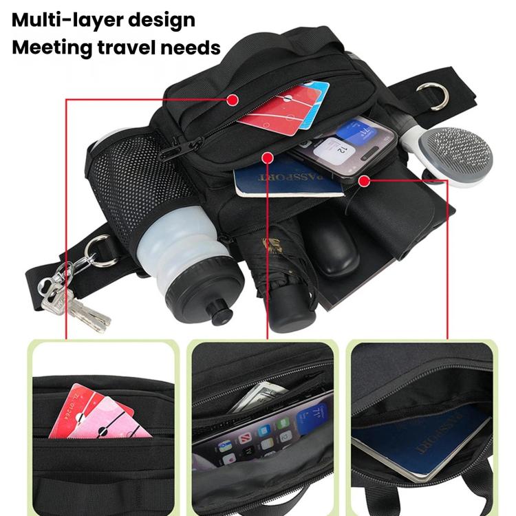 Black multi-compartment dog walking waist pack with water bottle and leash