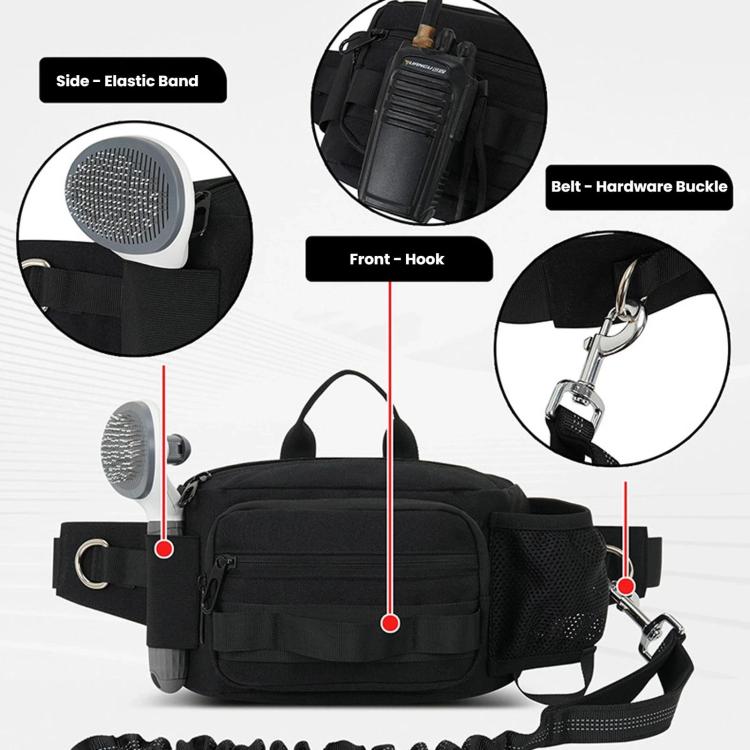 Black dog walking waist pack with elastic side band and front hook attachment