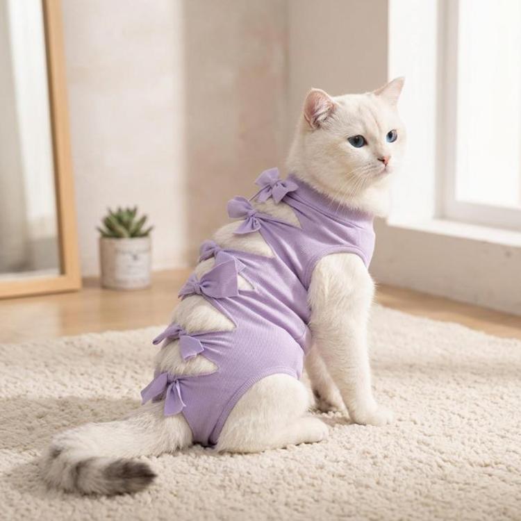 Lavender cat recovery suit with ribbon bow accents, worn by seated pet
