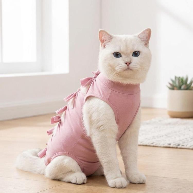 Pink cat recovery surgery suit with bow ties, pet protective one-piece