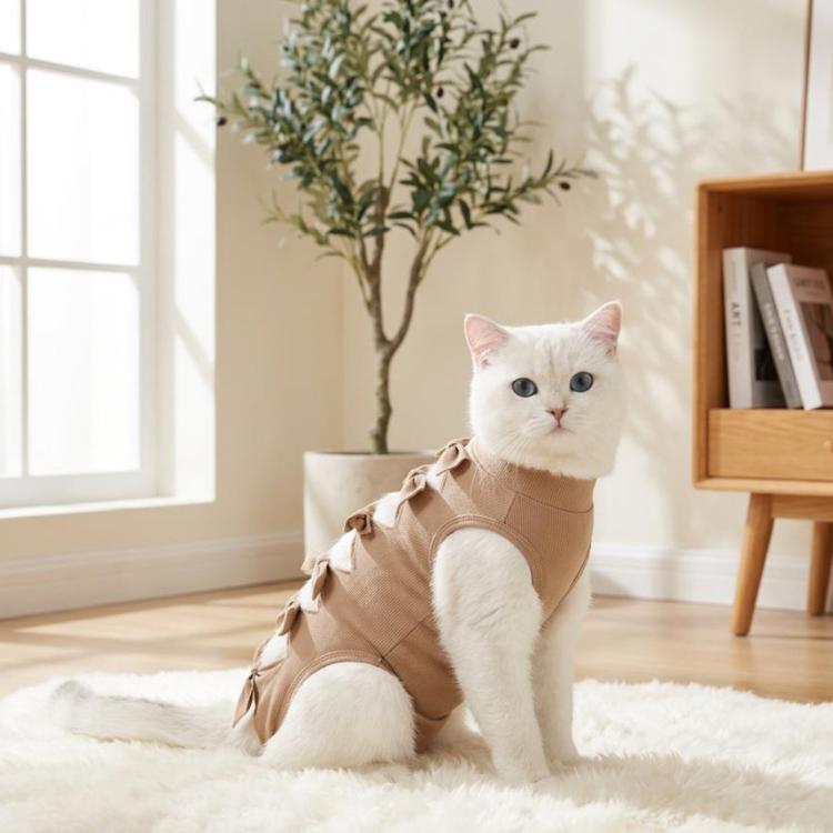 Beige cat recovery surgery suit with side bow ties, pet one-piece