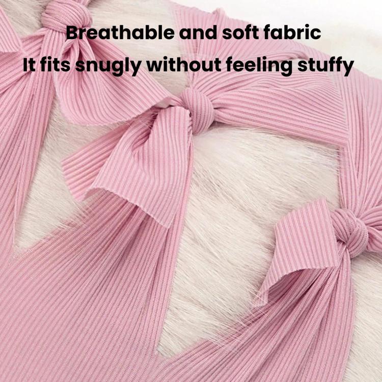 Pink ribbed cat recovery suit with large bow ties, soft fabric