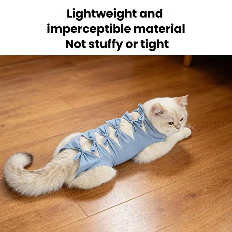 Blue cat recovery surgery suit with bow detailing, lightweight one-piece
