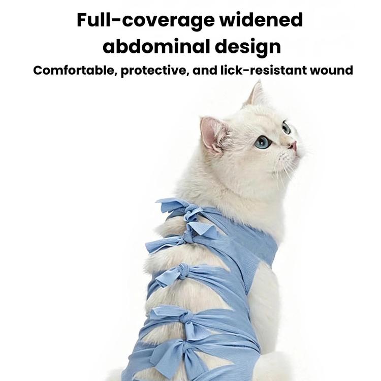 Blue cat recovery suit with full-body wrap and bow ruffle design