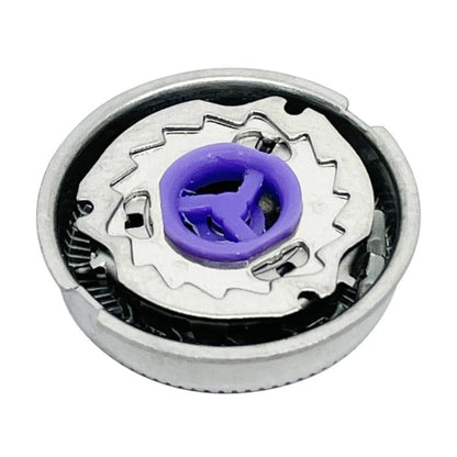 Shaver head blade assembly with purple center rotor, silver circular metal foil