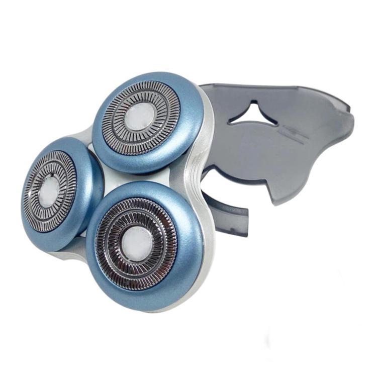 Three blue shaver heads with gray plastic clip