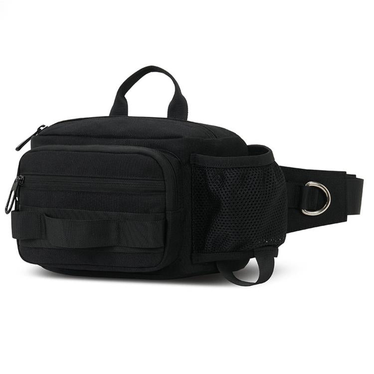 Black multi-pocket waterproof hiking waist pack with adjustable belt strap and front zips