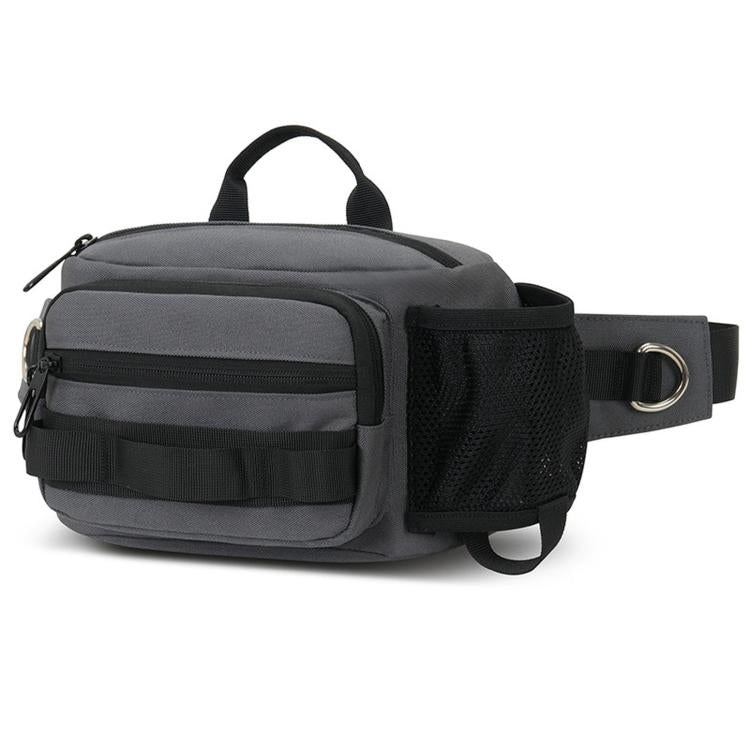 Gray and black multi-pocket waterproof hiking waist pack with adjustable belt strap